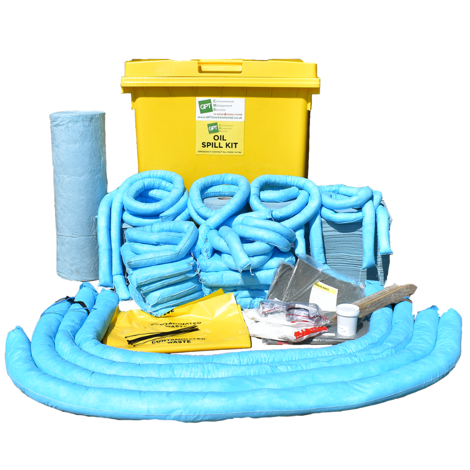 yellow wheelie bin labelled oil spill kit with absorbent socks and other spill response materials in front