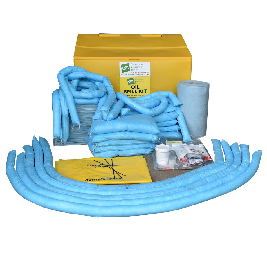 large yellow box labelled oil spill kit with multiple absorbent socks and cushions and waste bags