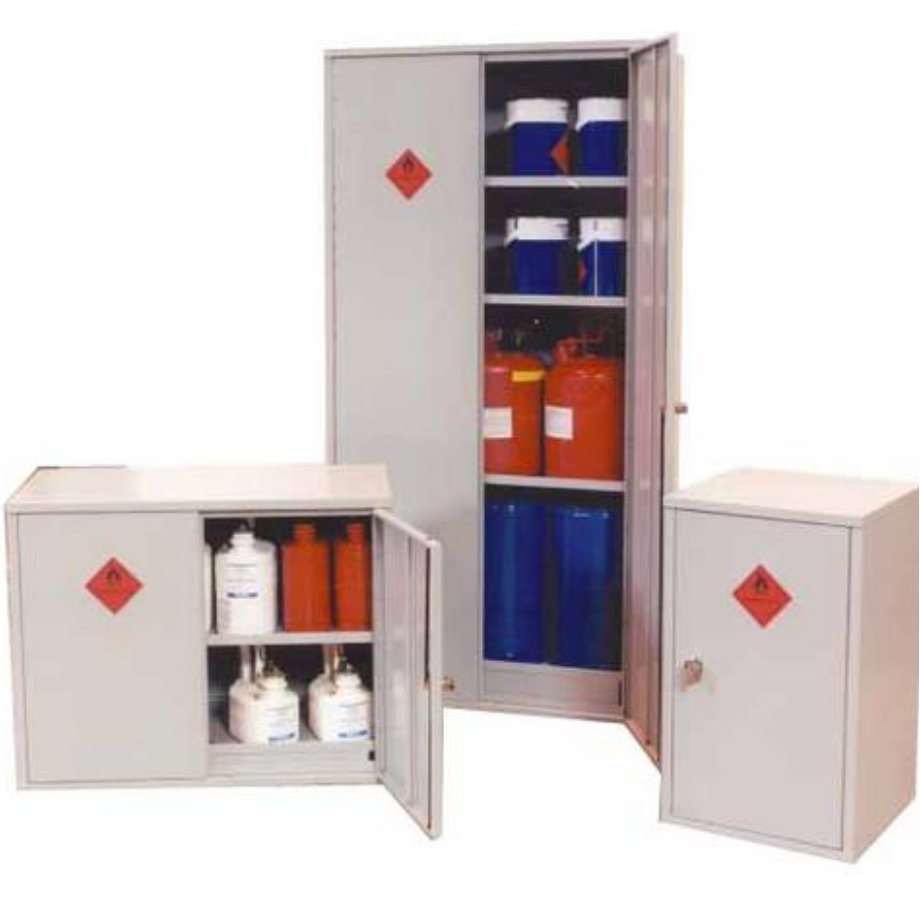 three white safety storage cabinets of different sizes with chemicals stored inside