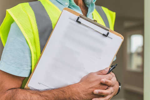 man wearing hi vid holding a clipboard under his arm